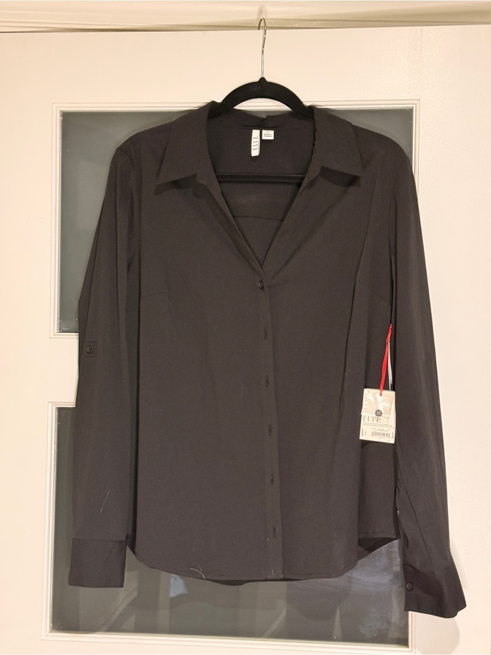 ELLE Women’s Black Button-Front Blouse – Size Large – NWT